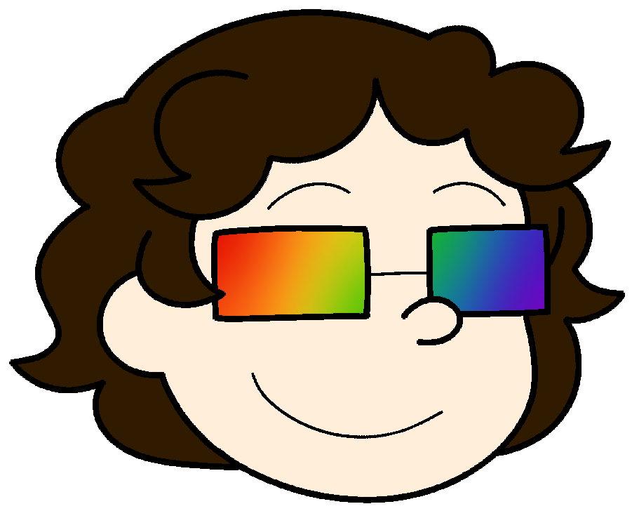 A cartoonishly-drawn headshot of me. I have pale skin and short, curly brown hair. I wear rectangular glasses, and in this drawing, the lenses have a rainbow gradient over them.