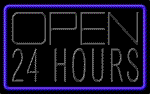 A glowing sign, saying that the site is open 24 hours.